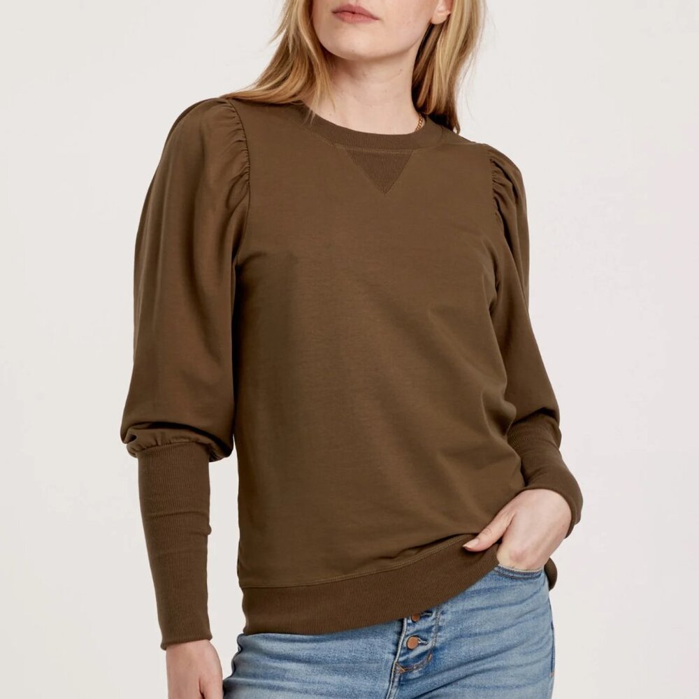 Another Love Tara Top Small Tan Puff Sleeve Sweatshirt